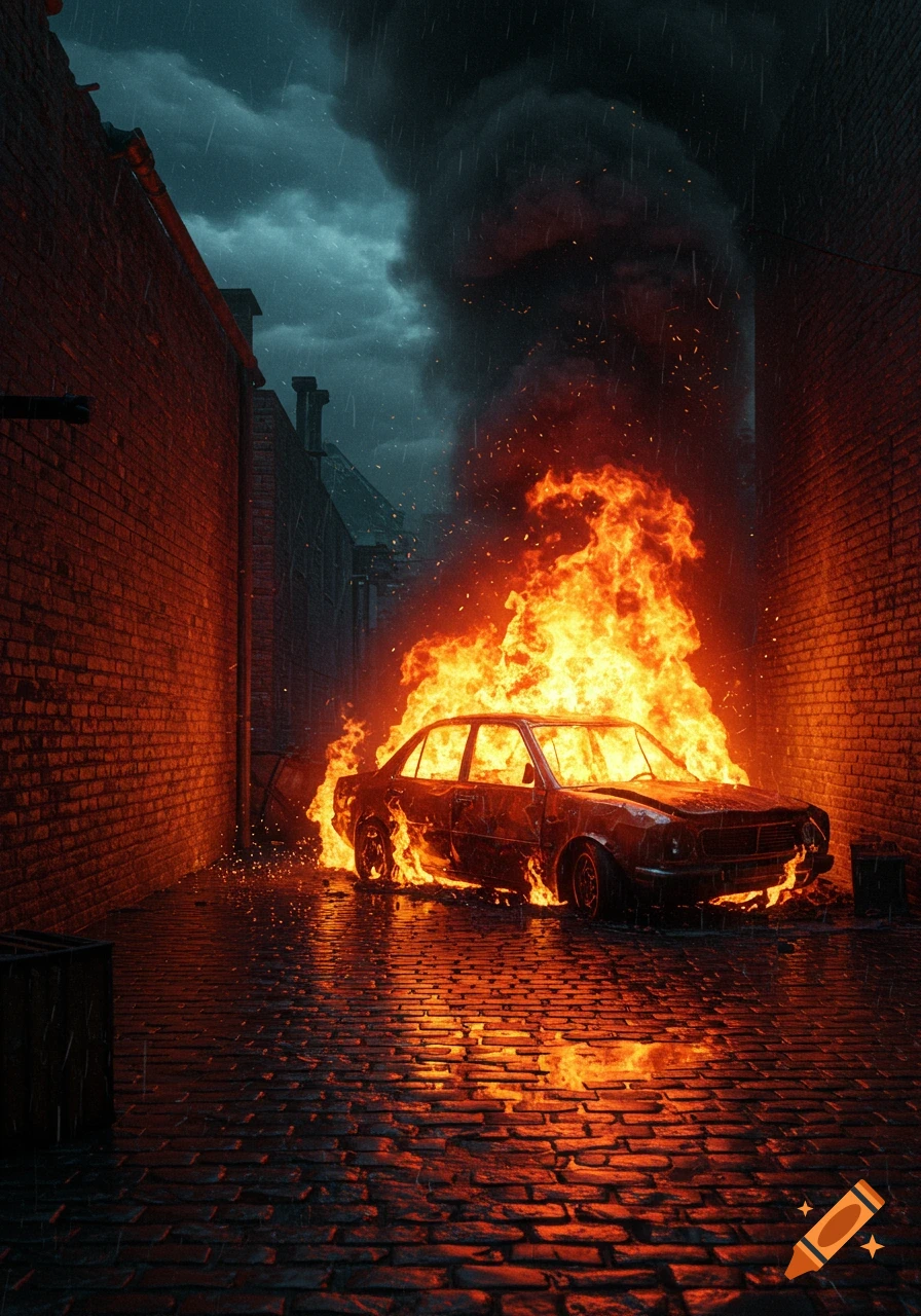 A burning car in a dark, wet brick alleyway under a stormy sky, with rain falling and flames reflecting on the cobblestones.