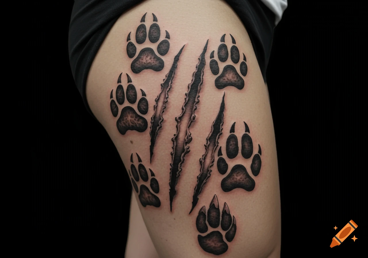 A black tattoo of paw prints and deep claw marks on an upper thigh, partially covered by black shorts.
