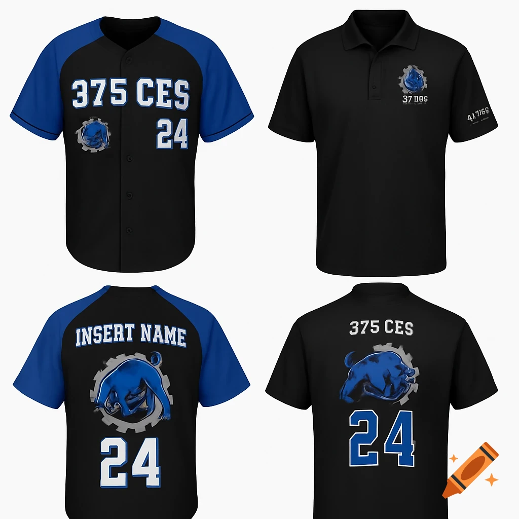 Four mockups of black and blue team shirts, including a baseball jersey and a polo, with a blue bull logo, numbers, and text like '375 CES' and 'INSERT NAME'.
