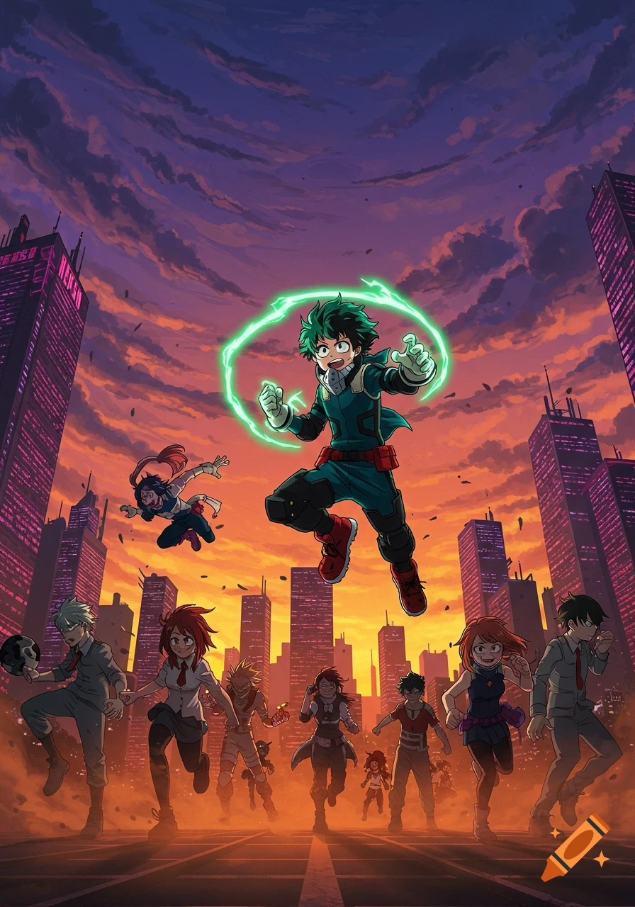 Animated heroes from My Hero Academia, including Deku with green energy, jump and run through a city at sunset.
