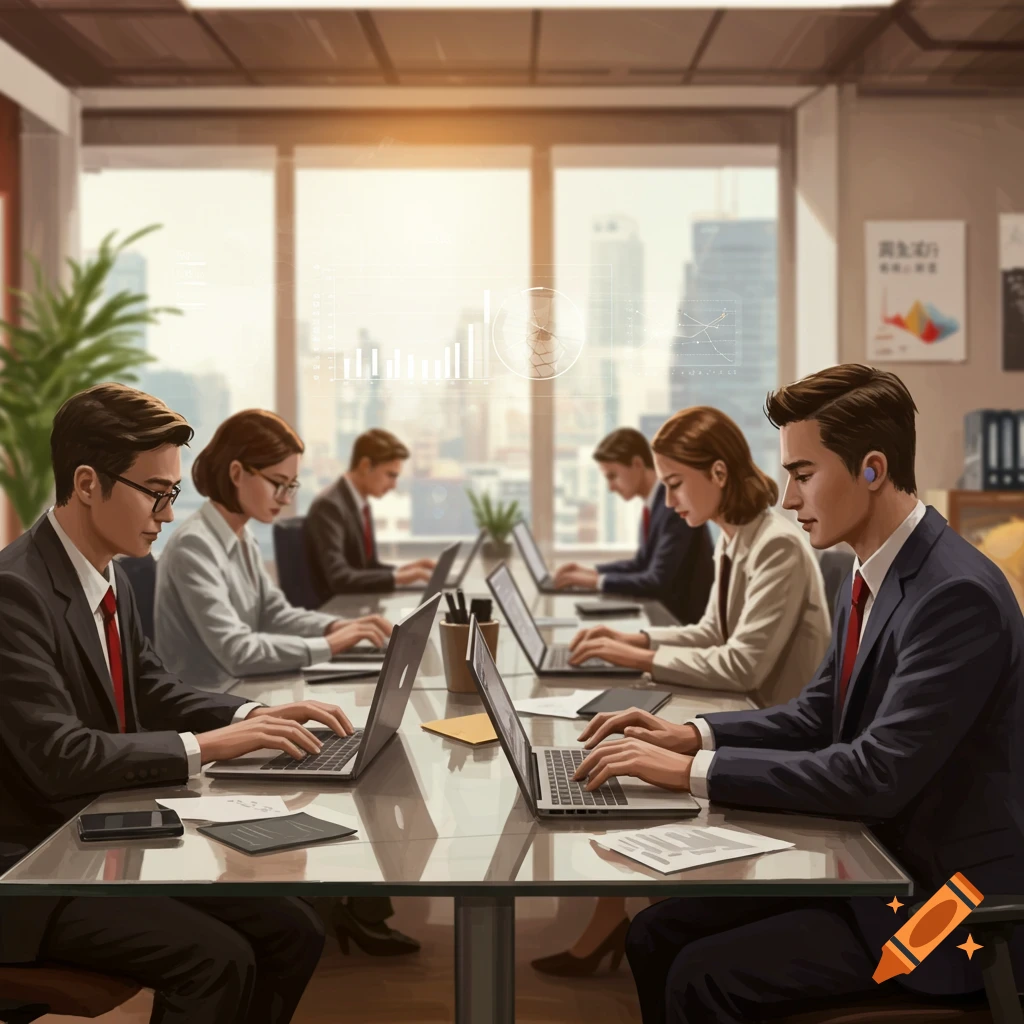 An illustrative image of a sales team, consisting of men and women in business attire, working on laptops around a long conference table in an office with city views. Data visualizations are overlaid on the windows.