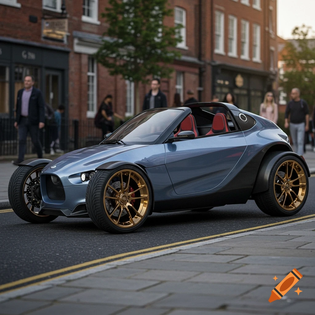 A sleek blue three-wheeled concept car with prominent gold wheels on a city street with blurred background pedestrians and buildings.