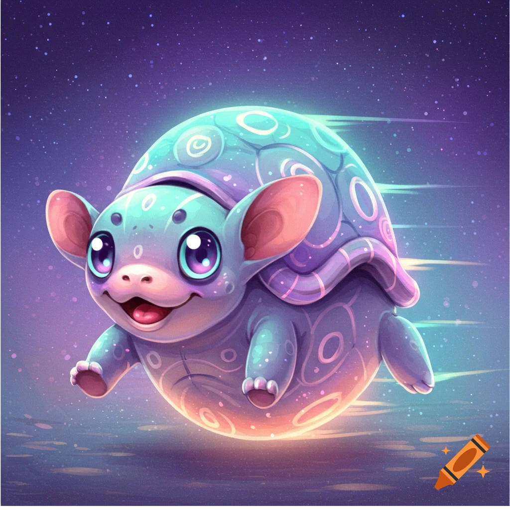 A cute, pastel-colored alien creature resembling a turtle with large ears and big eyes, smiling and floating through a starry space.