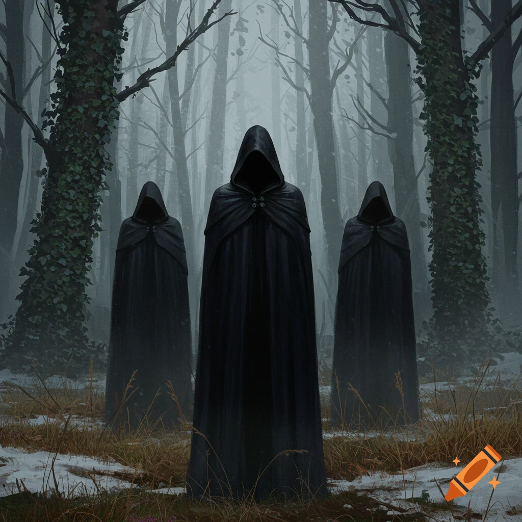 Three figures in black hooded cloaks stand in a misty, dark forest with dry grass, patches of snow, and ivy-covered trees.