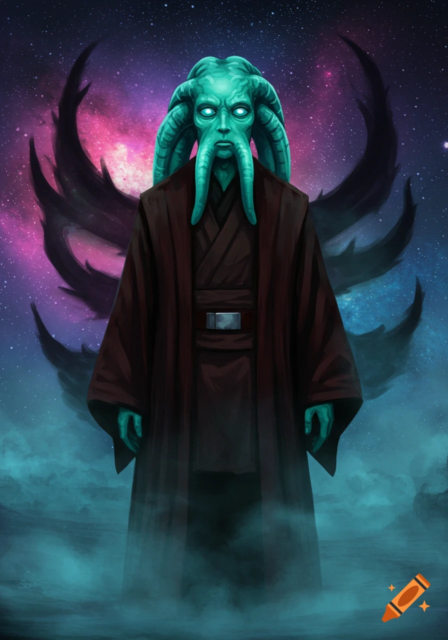 A green-skinned alien Jedi Master in a dark robe stands against a cosmic nebula with dark, smoky tendrils.