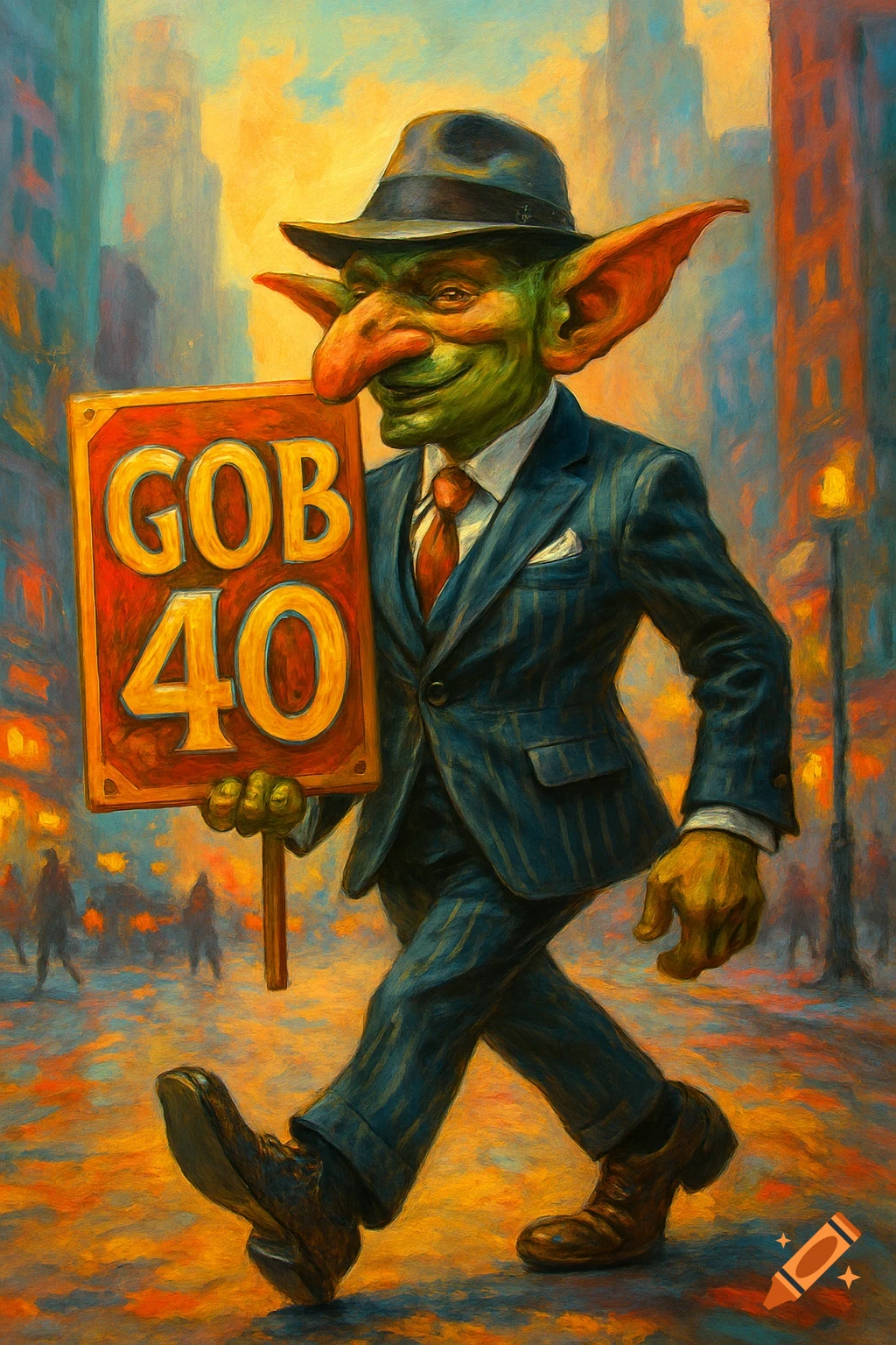 A green-skinned goblin in a pinstripe suit and fedora walks down a painterly city street, holding a 'GOB 40' sign.