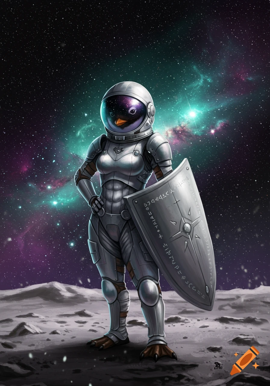 A space penguin in knight armor stands on a moon-like surface, holding a shield, against a cosmic background.
