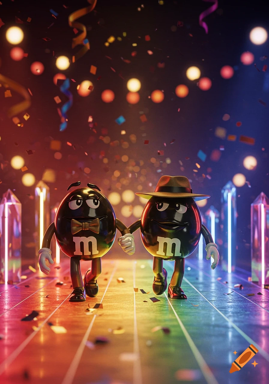 Two black M&M characters, one in a bow tie, one in a fedora, hold hands on a rainbow path with confetti and bokeh lights.