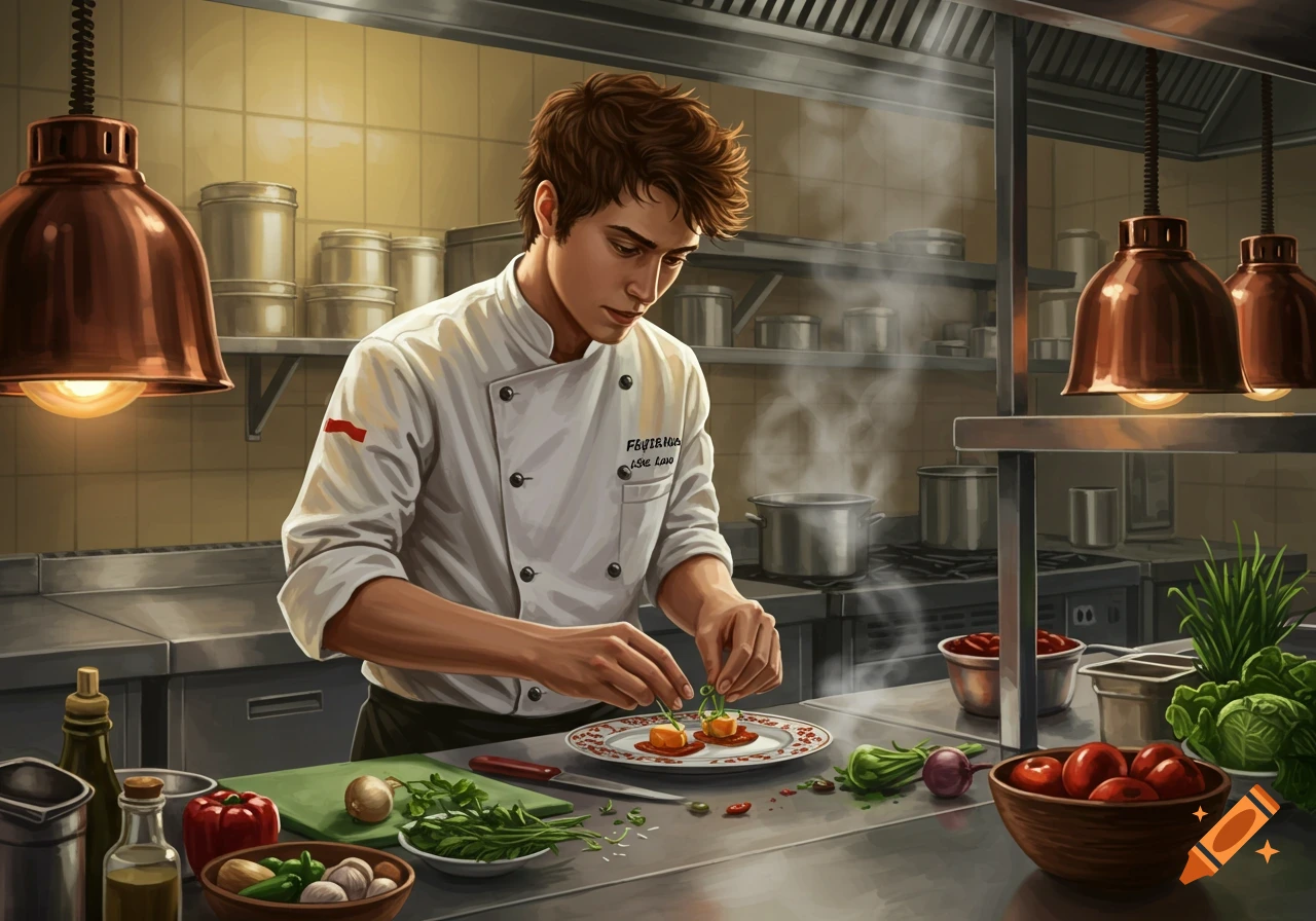 A male chef in a white uniform meticulously plates an elaborate meal in a busy, steamy commercial kitchen, with fresh ingredients on the counter.