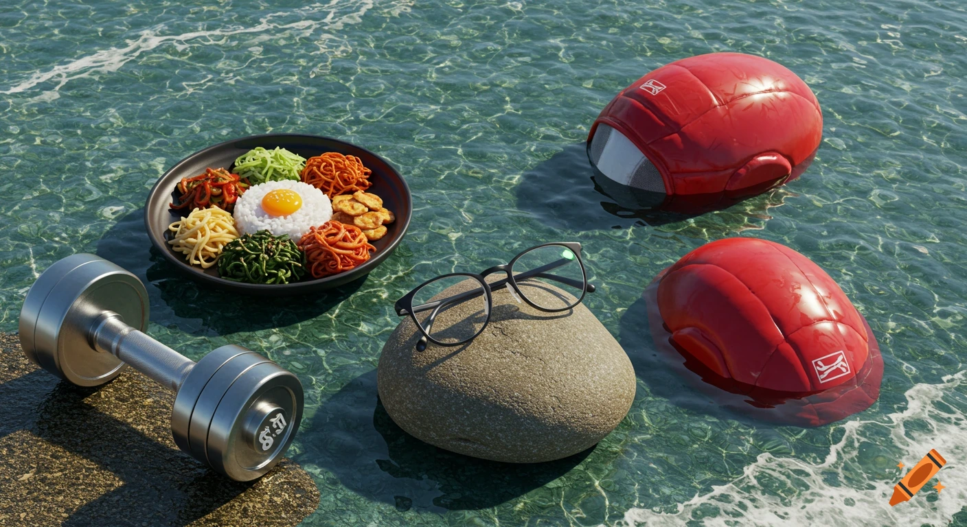 A plate of colorful Korean food, a dumbbell, glasses, and two red wrestling headgear floating on shimmering ocean water.