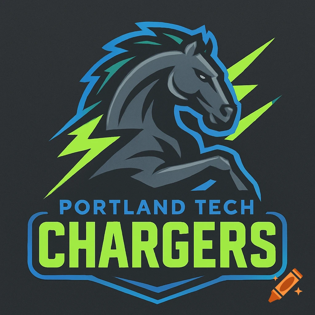 A sleek sports logo for Portland Tech Chargers, featuring a dark grey horse head with blue and green accents and lightning bolts.