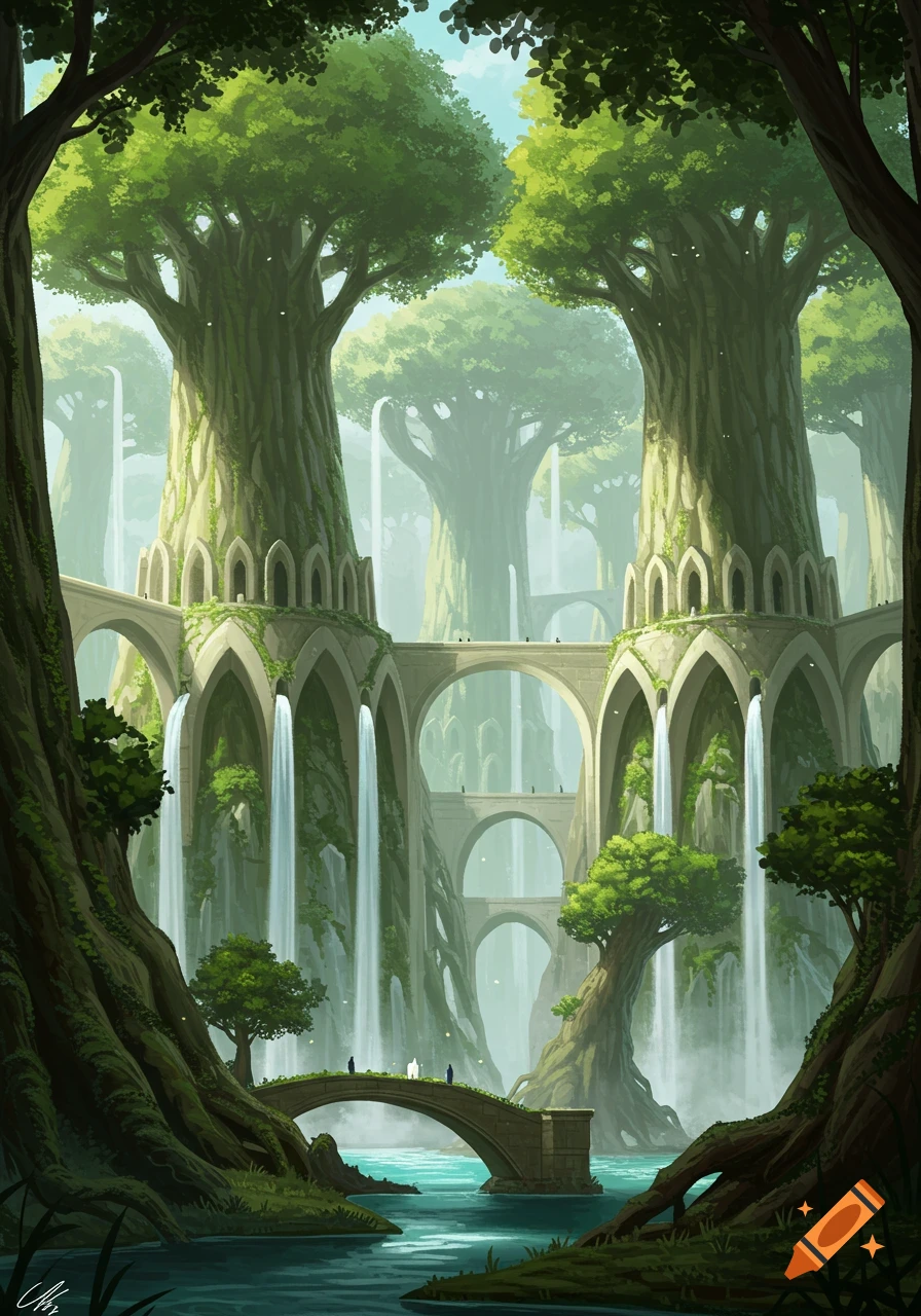 A vibrant fantasy illustration of a forest with enormous tree structures, elegant bridges, and multiple waterfalls flowing into a river.