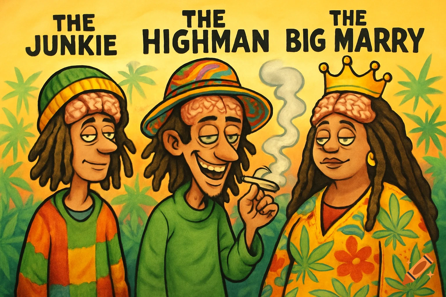 Three cartoon figures, two men and one woman with dreadlocks and exposed brains, stand side-by-side. One man smokes a joint.