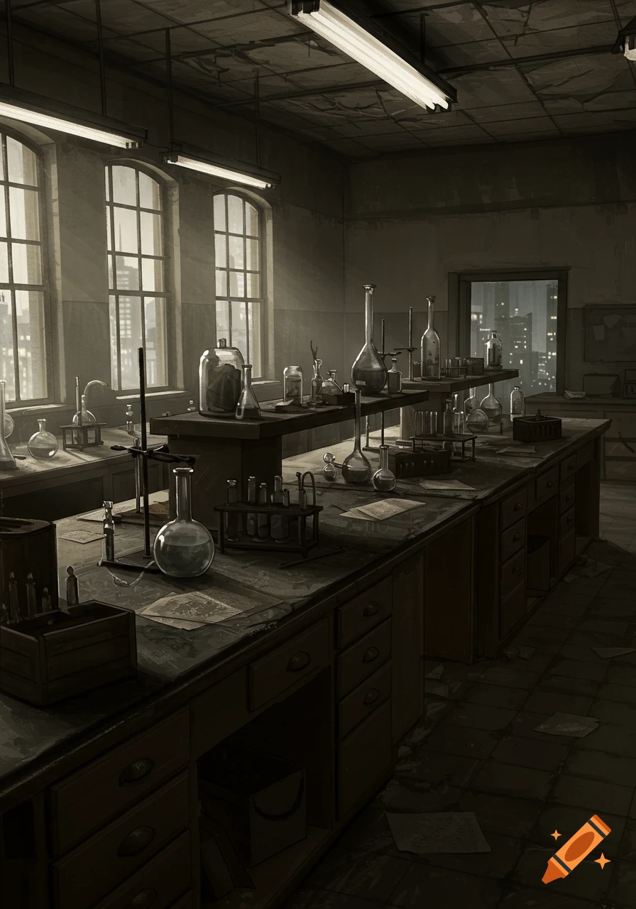 Dark digital painting of an abandoned laboratory with flasks, beakers, and test tubes on dusty tables, city visible through windows.