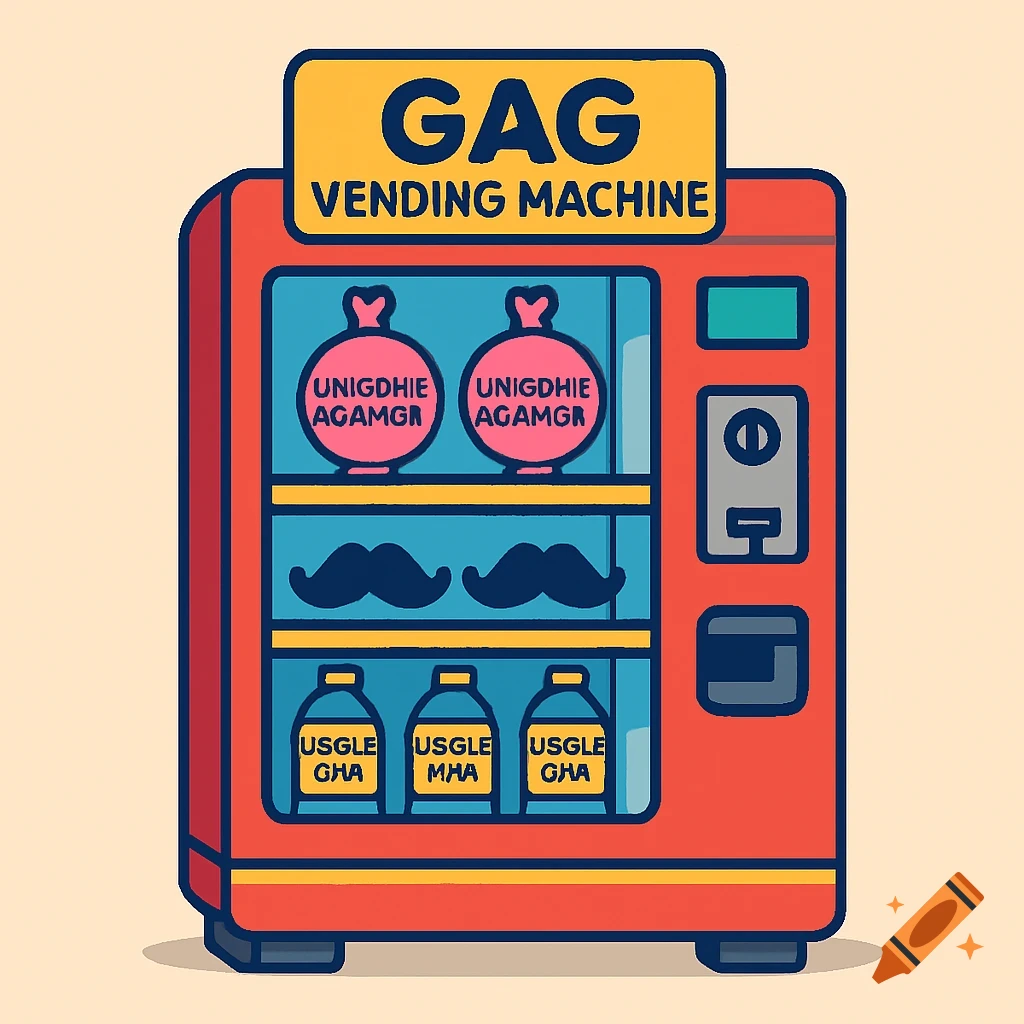 A cartoon illustration of a red vending machine with a 'GAG VENDING MACHINE' sign. Inside are pink pouches with gibberish text, black mustaches, and bottles with gibberish labels.