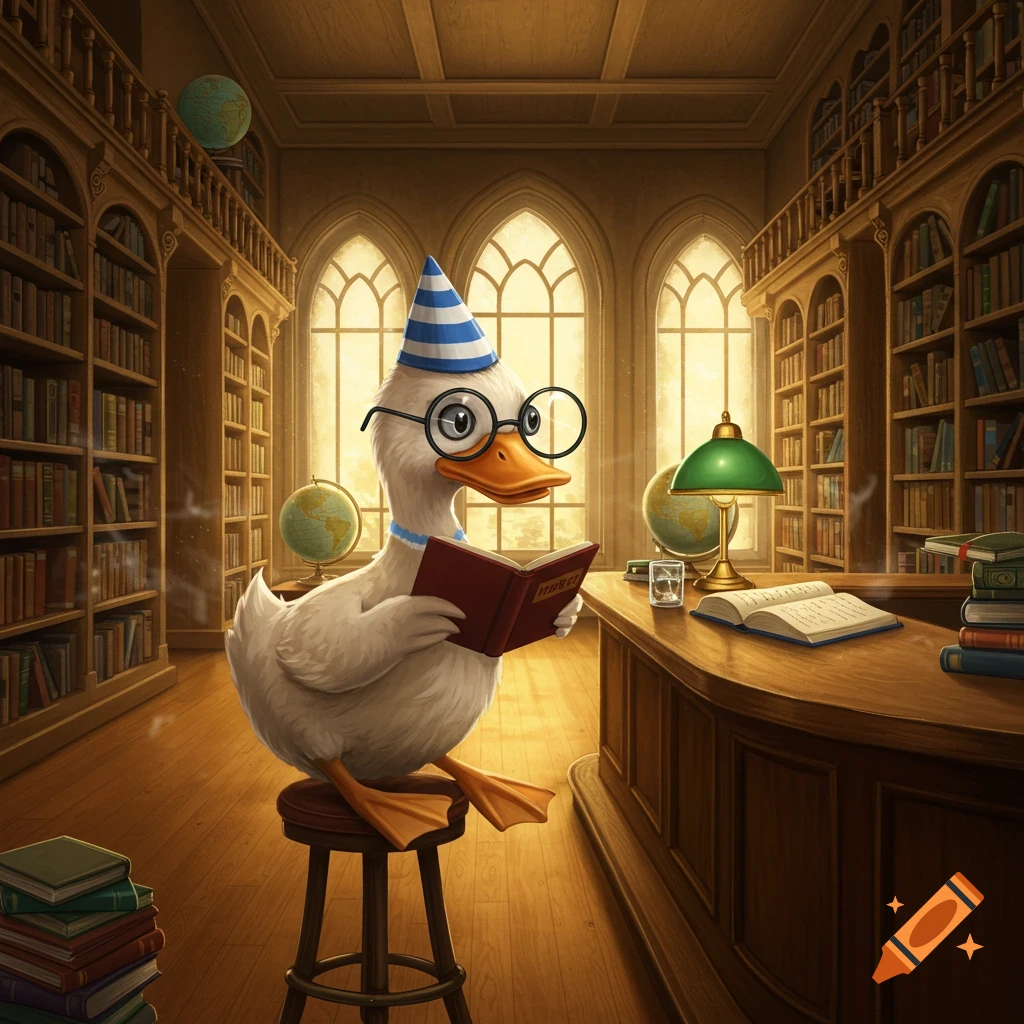 A nerdy cartoon duck with a party hat and glasses sits on a stool, reading a book in a grand library with tall bookshelves.