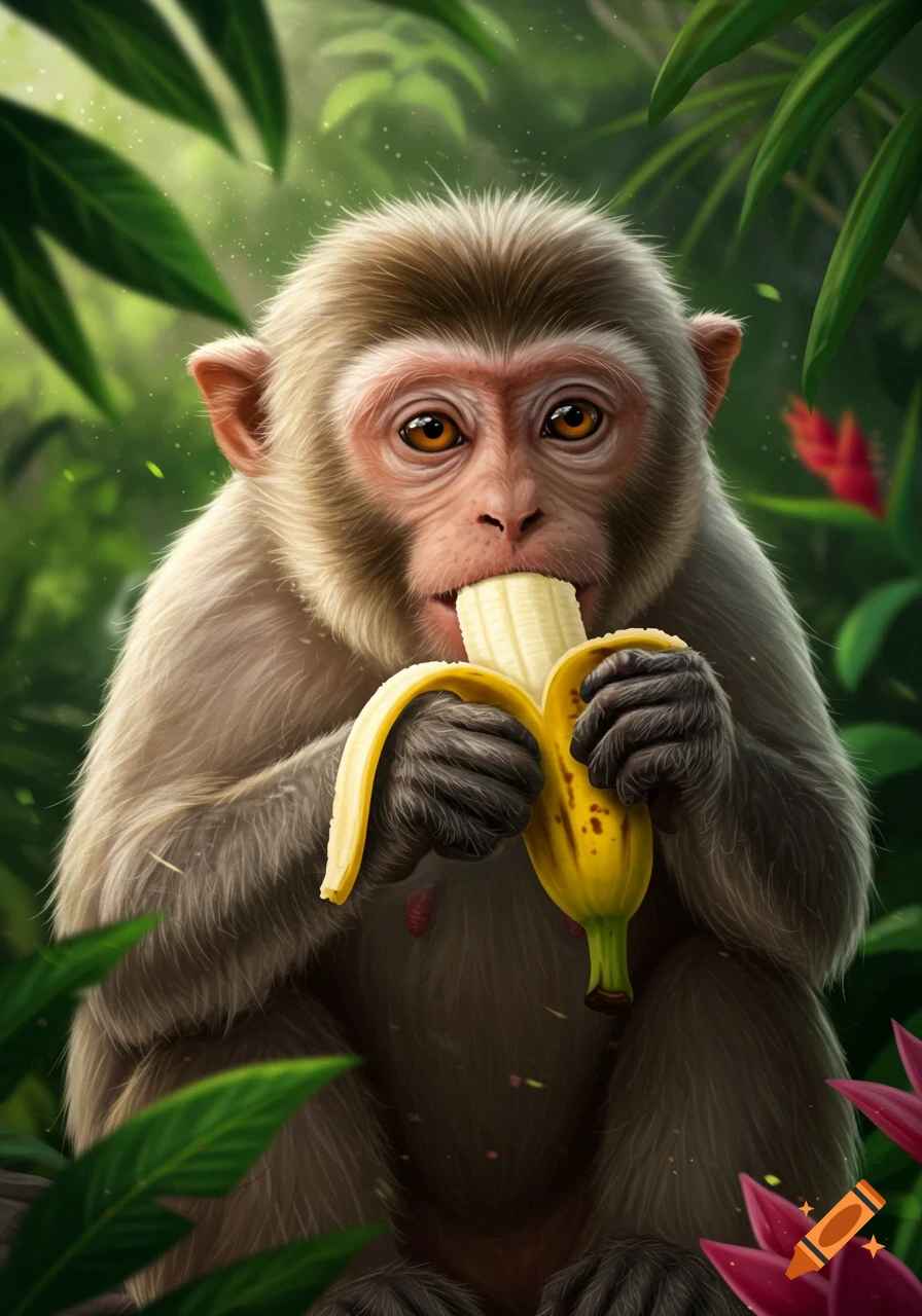 An ultra-realistic monkey with brown fur and big eyes sits in a lush jungle, peeling and eating a yellow banana.