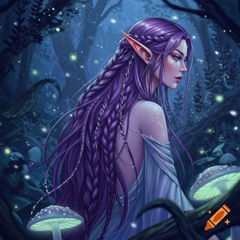 Fantasy art of an elf woman with long purple braided hair and glowing marks on her skin, in a dark enchanted forest with glowing mushrooms.
