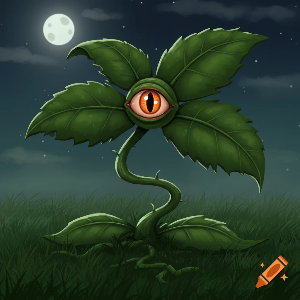 An illustrated monstrous plant with an orange eye at its center, surrounded by green leaves and a thorny stem, under a full moon at night.
