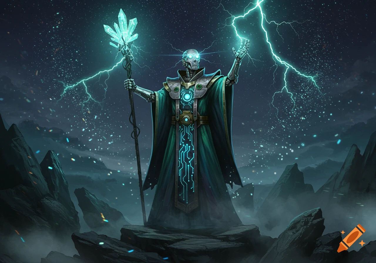 A powerful robotic wizard in a green robe with glowing circuitry stands on rocks, conjuring lightning from his hands and crystal staff beneath a cosmic night sky.