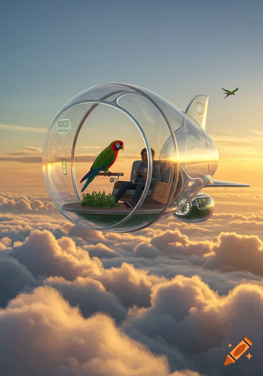 A futuristic transparent pod flies above clouds at sunset, with a person sitting inside and a parrot perched on a branch.