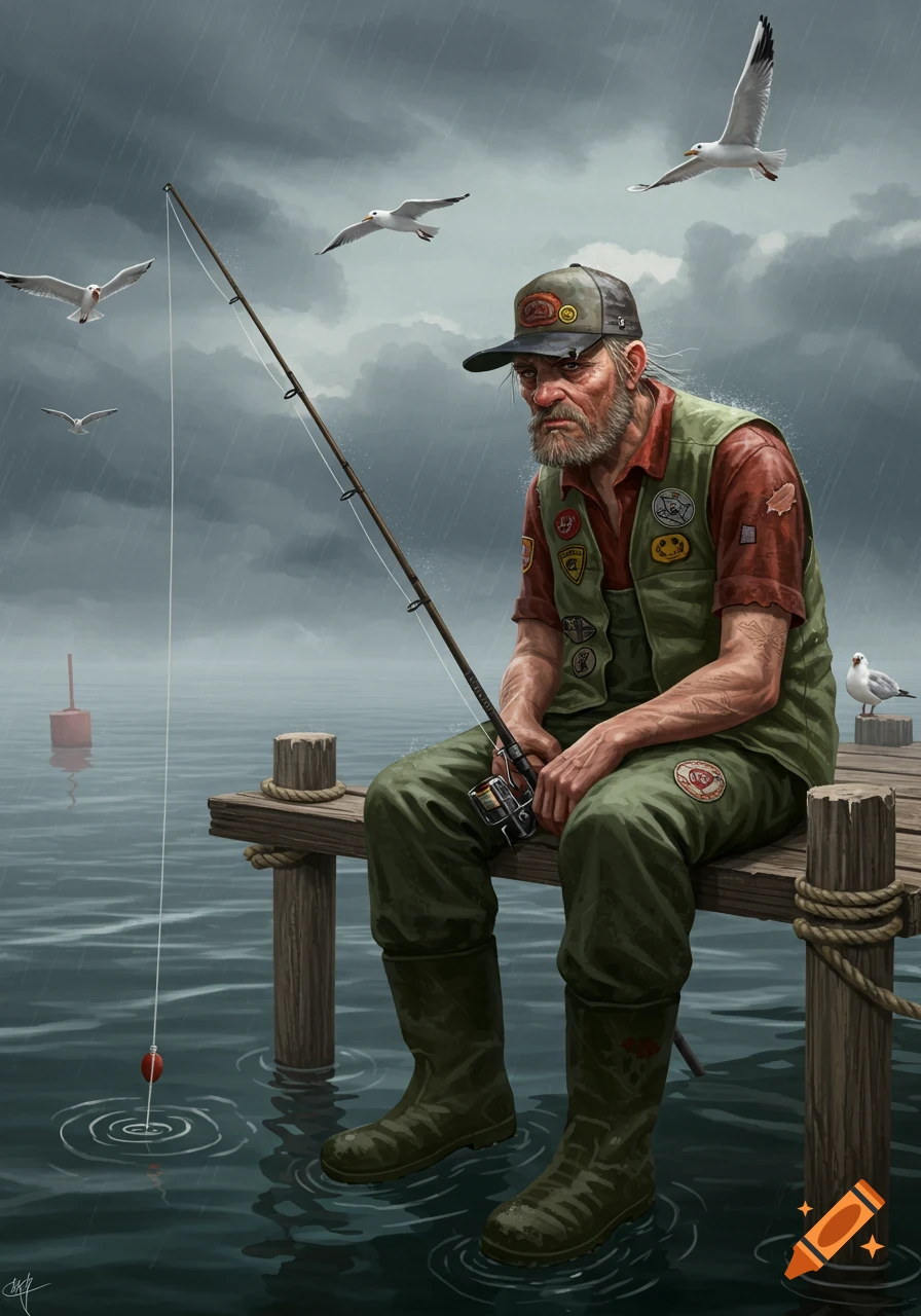 A detailed illustration of a sad, old fisherman sitting on a pier in the rain, holding a fishing rod, with seagulls flying above.