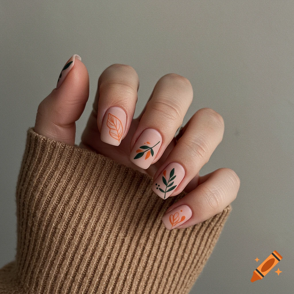 Close-up of a hand with light pink nails featuring minimalist orange and green leaf designs, wearing a brown knit sweater.