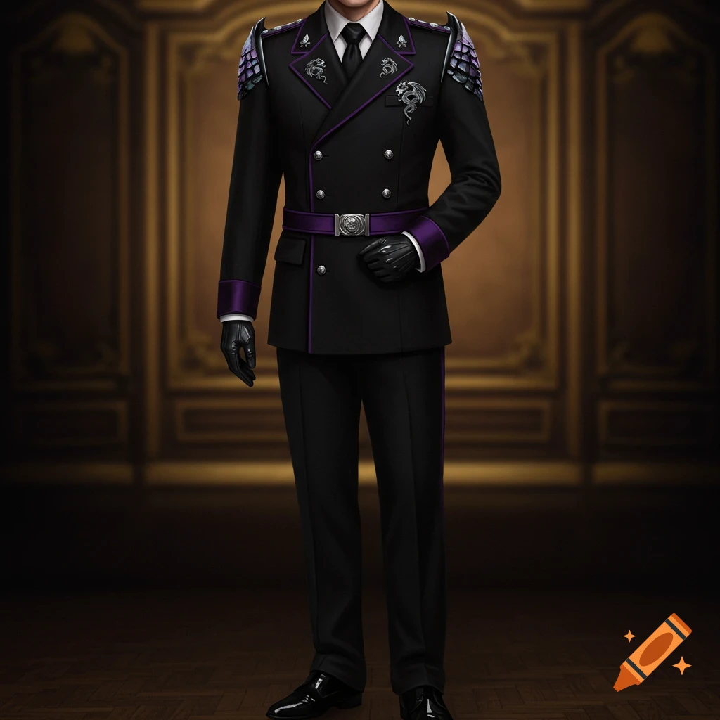 A black tailored uniform with purple trim, dragon insignias, scale-textured epaulettes, black gloves, and polished boots.