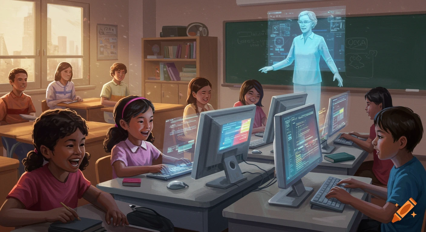 A group of diverse children actively learn in a modern classroom with individual computers and a holographic teacher.