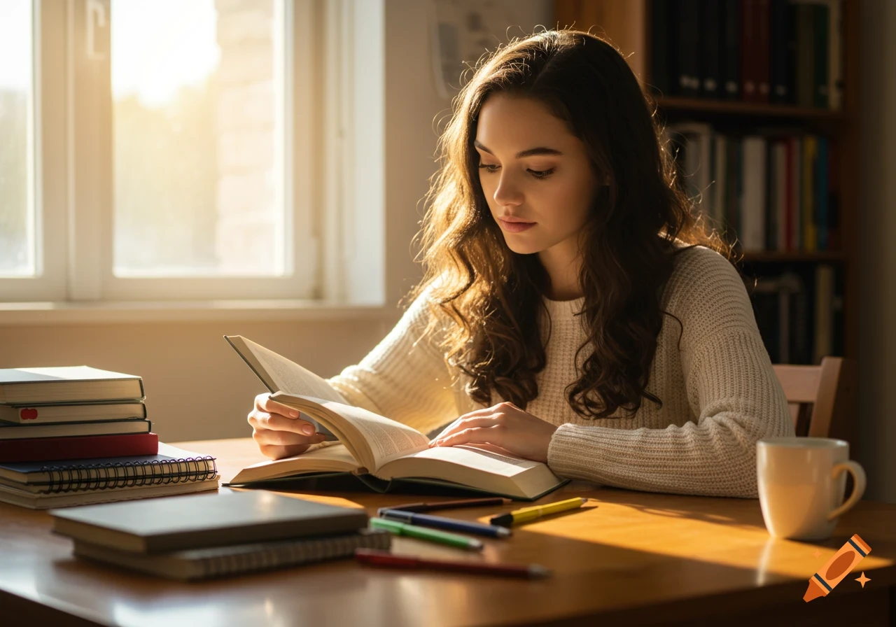 Photorealistic image of a young woman with long brown hair studying an open book at a desk, sunlit by a window.