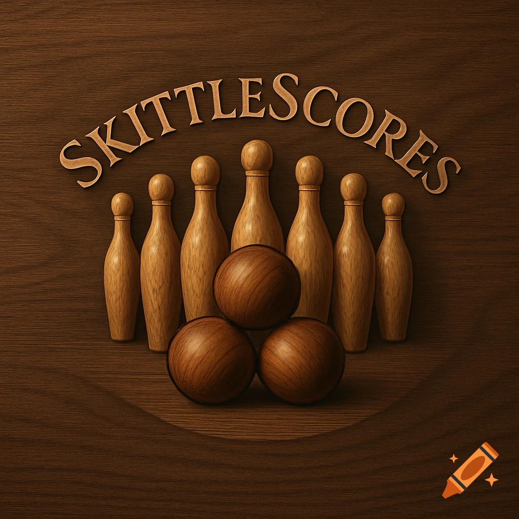 A logo featuring seven wooden skittle pins and three wooden balls arranged on a dark wood background, with "SKITTLESCORES" in wooden letters arched above them.
