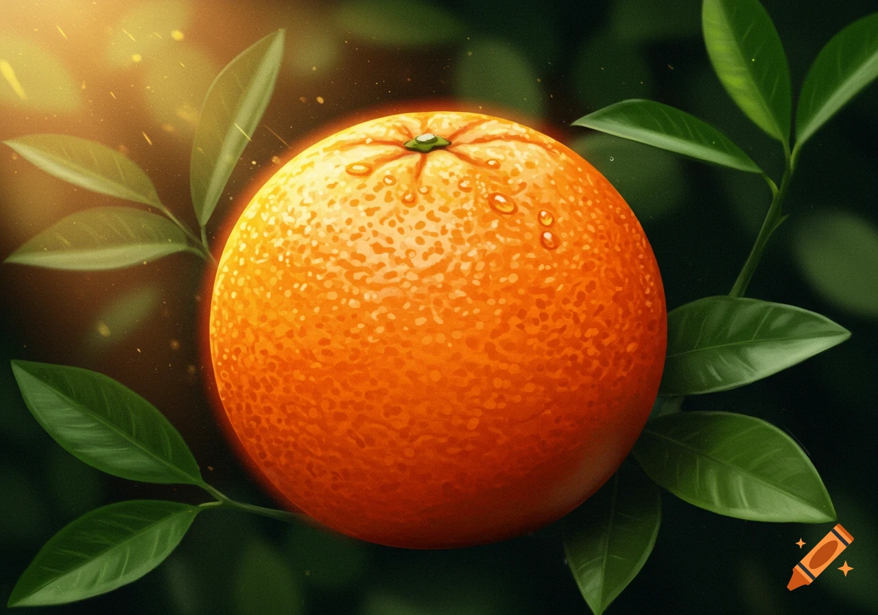 A vibrant orange with water droplets, surrounded by green leaves, under a warm golden light.