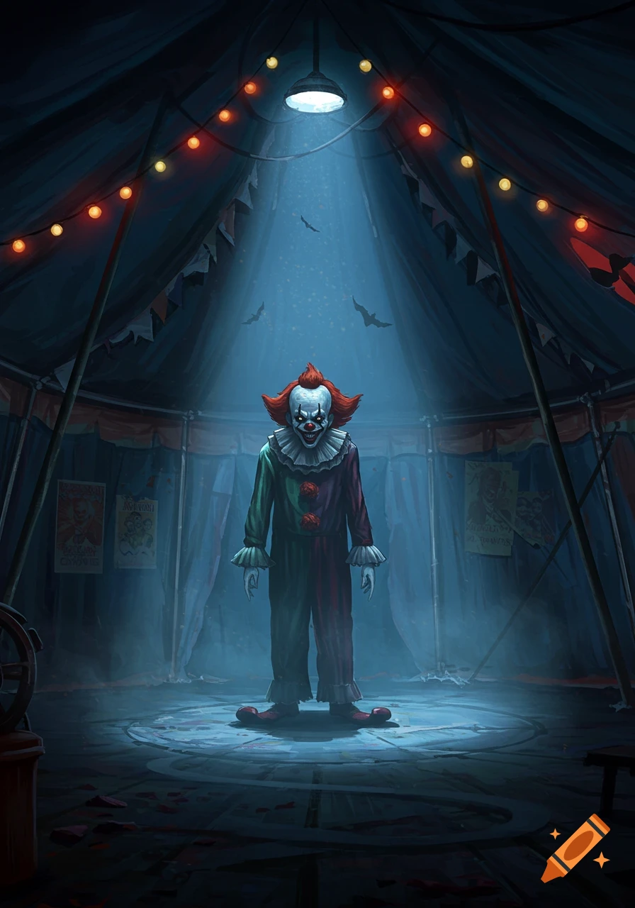 A terrifying clown with red hair and a sinister smile stands under a spotlight in a dark, abandoned circus tent.