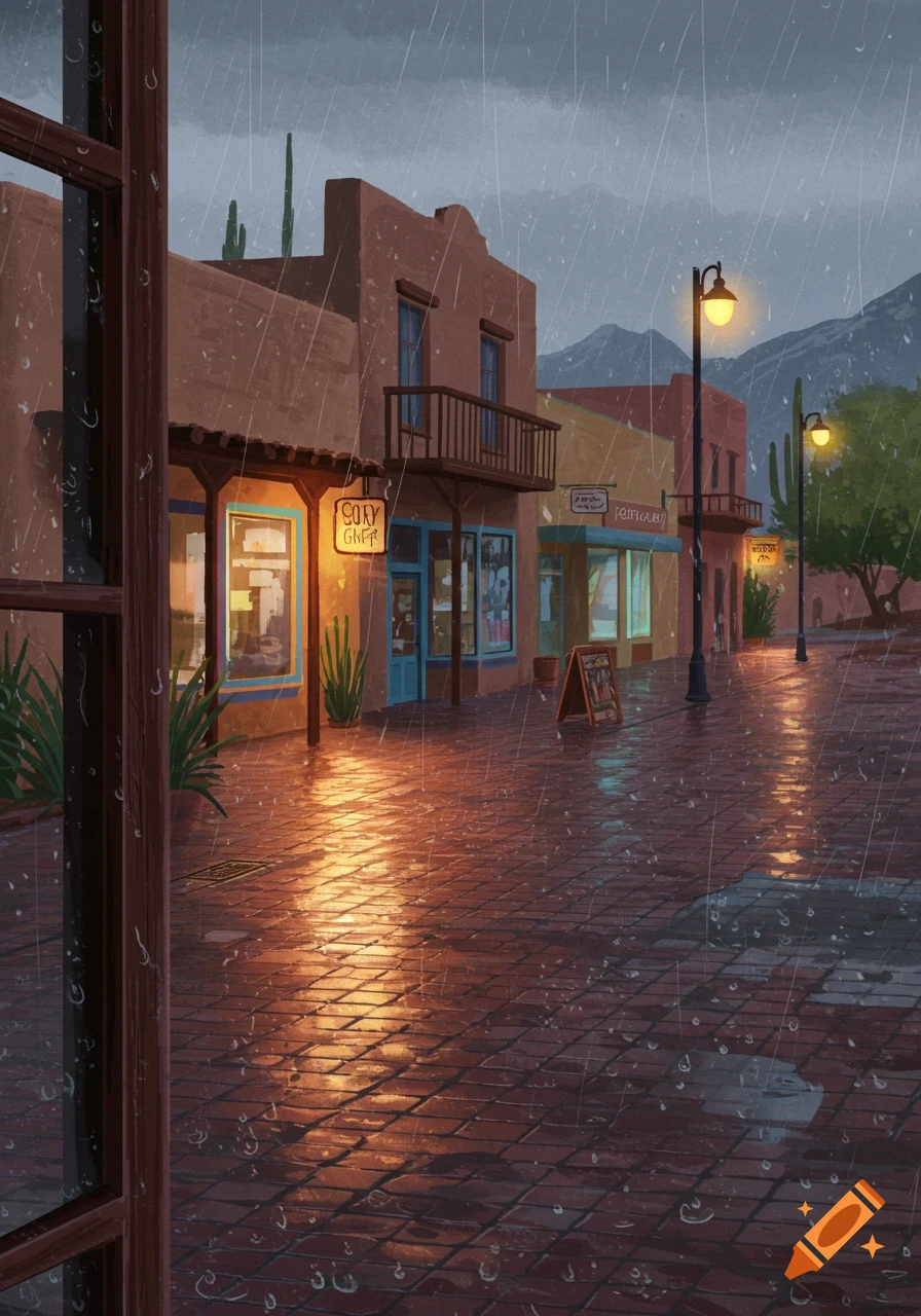 Illustrative rainy street scene in downtown Tucson with adobe-style buildings, glowing shop windows, and wet pavement reflecting lights.