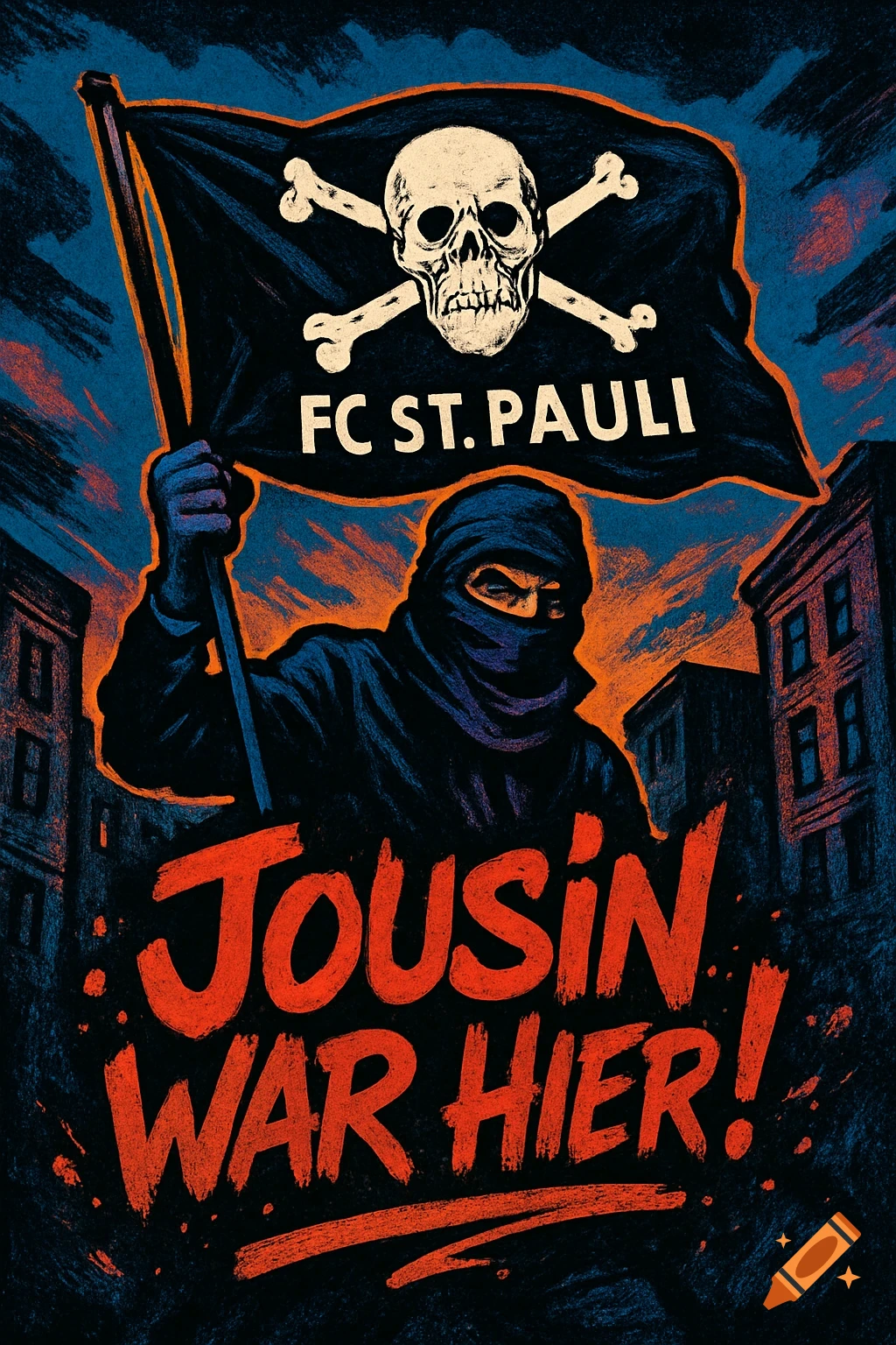 A masked figure in a city street holds an FC St. Pauli flag with a skull and crossbones, 'Jousin War Hier!' in a dark, gritty illustration.