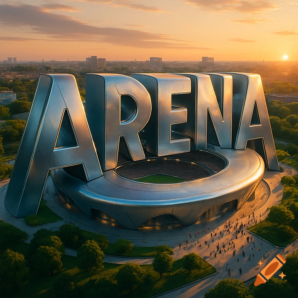 A large, futuristic arena shaped like the word 'ARENA' at sunset, with a city skyline in the background.