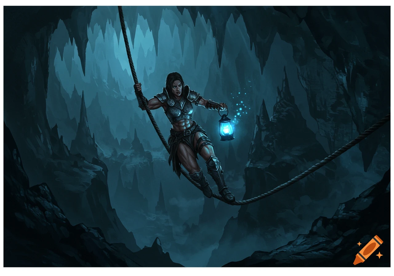 A strong female warrior in armor balances on a rope in a dark cave, holding a glowing blue lantern, fantasy art.