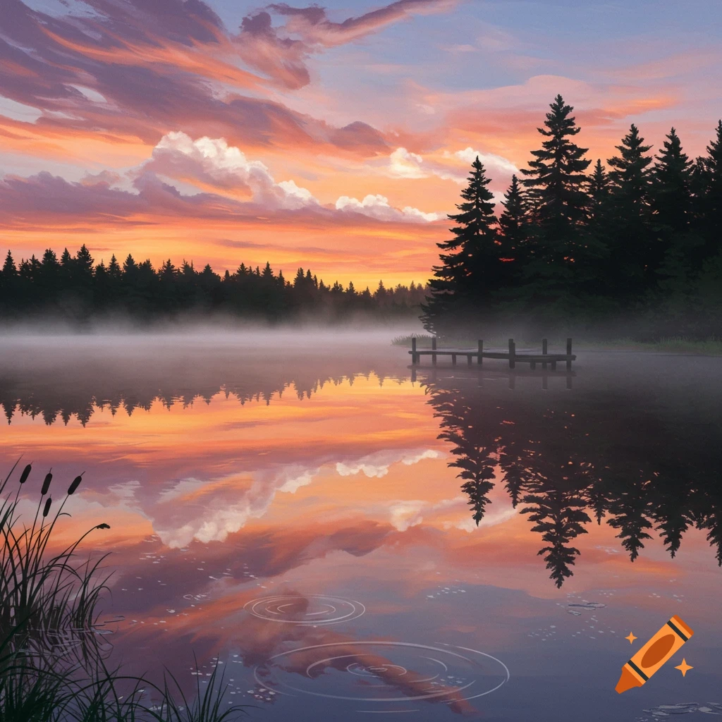 Serene lake at sunset with mist, pine trees, and a wooden dock, reflecting the vibrant orange and purple sky on the calm water.