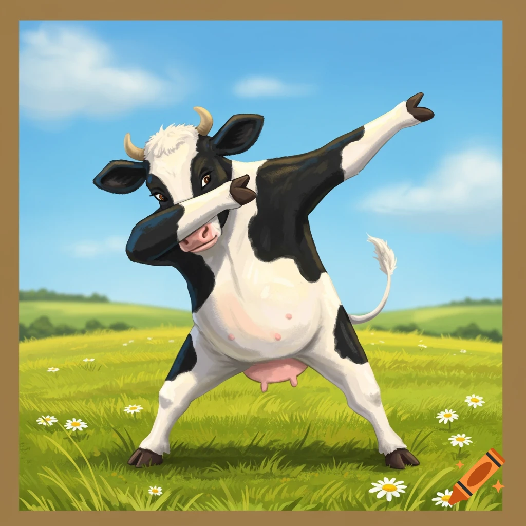 A cartoon cow with black and white spots dabs in a grassy field with white daisies under a blue sky.