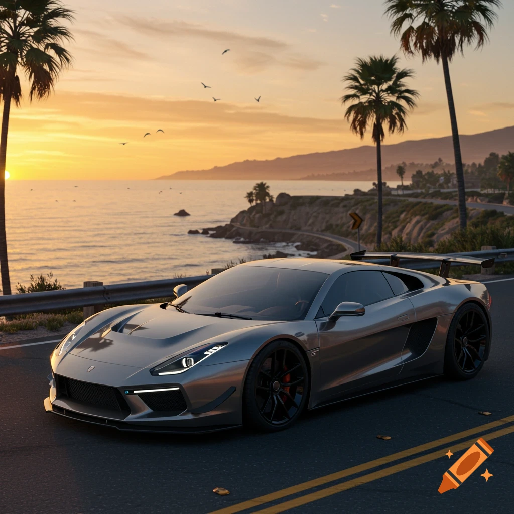 A sleek silver sports car is parked on a coastal road at sunset, with palm trees, the ocean, and a winding road in the background.