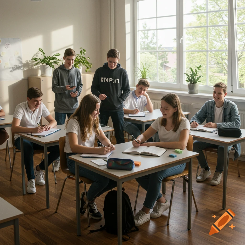 Several high school students are sitting at desks and standing in a sunlit classroom, some writing, others interacting, in a photorealistic style.