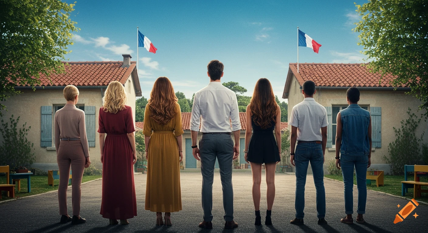 Seven people stand with their backs to the viewer in a line, facing two houses with French flags under a bright blue sky.