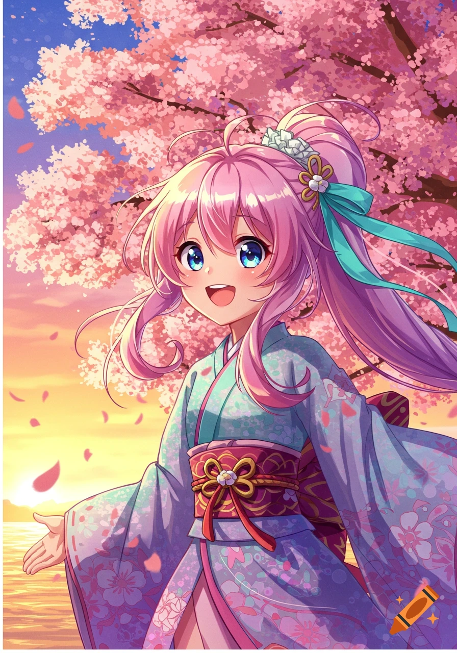 Smiling anime girl in a kimono under pink cherry blossoms at sunset/sunrise.