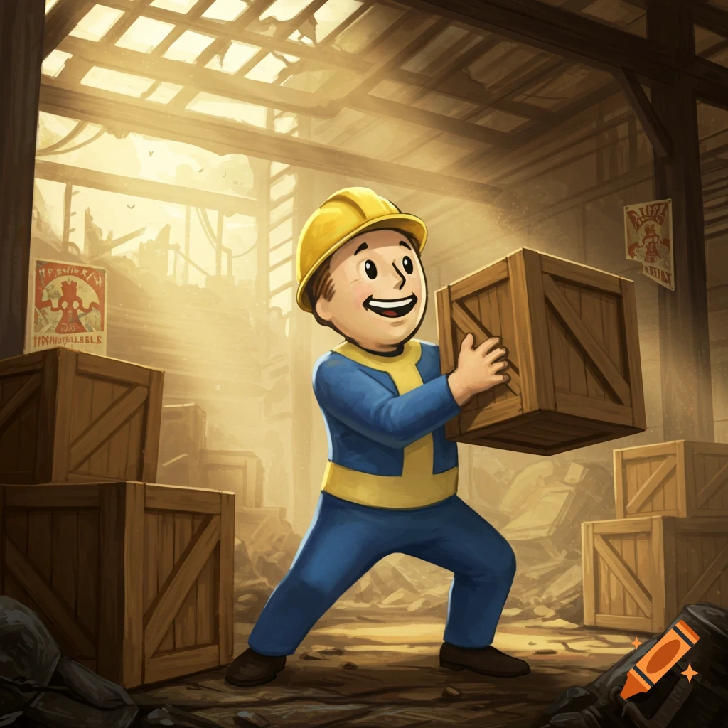 Cartoon Vault Boy character from Fallout, wearing a hard hat and blue jumpsuit, lifting a wooden crate in a dusty warehouse.