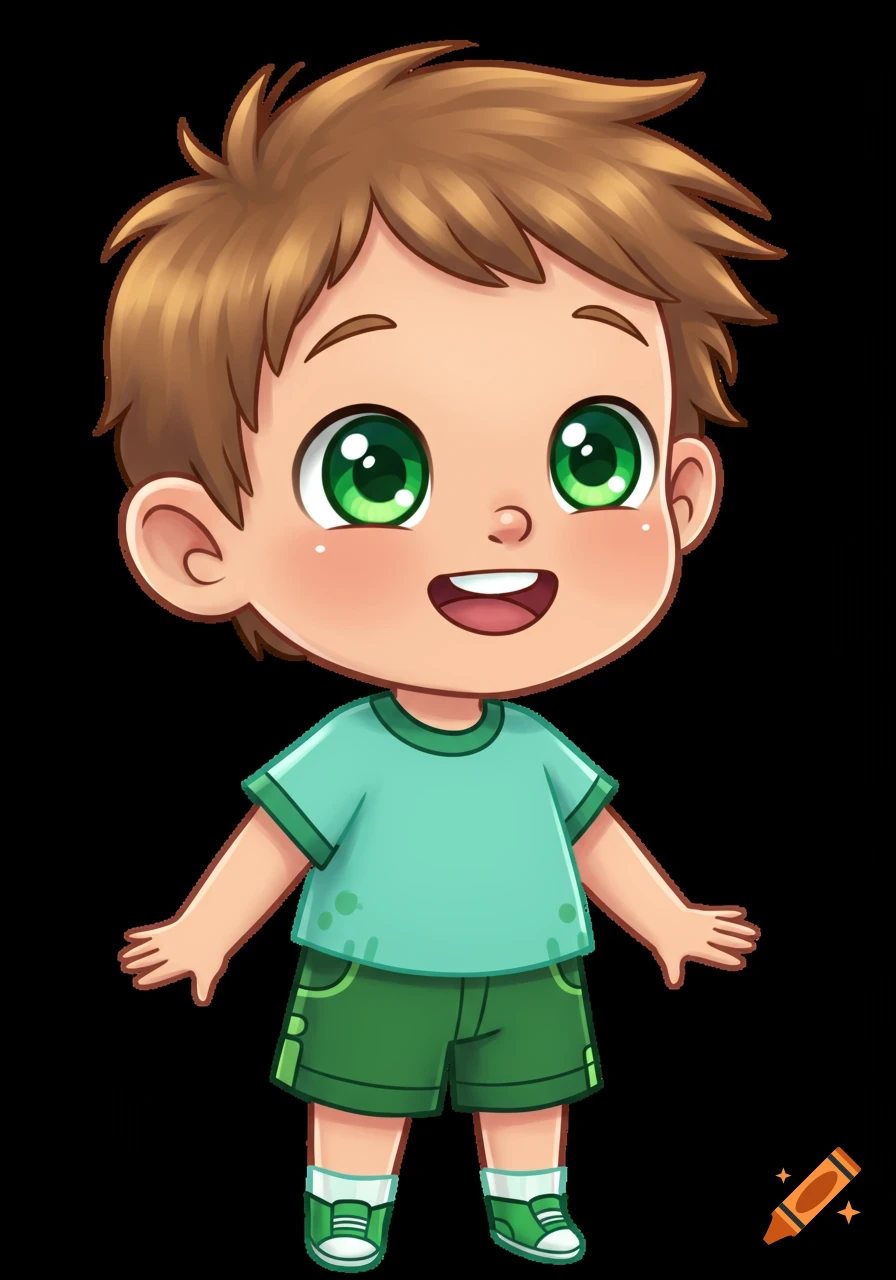 Cute cartoon boy with bright green eyes, light brown hair, and a friendly smile, wearing a green t-shirt and shorts.
