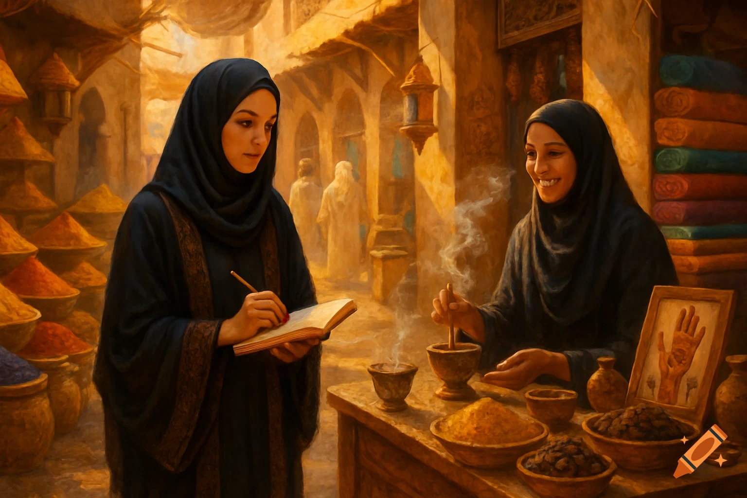 Two women in traditional attire in a bustling, painterly Middle Eastern market. One writes in a book, the other prepares spices.