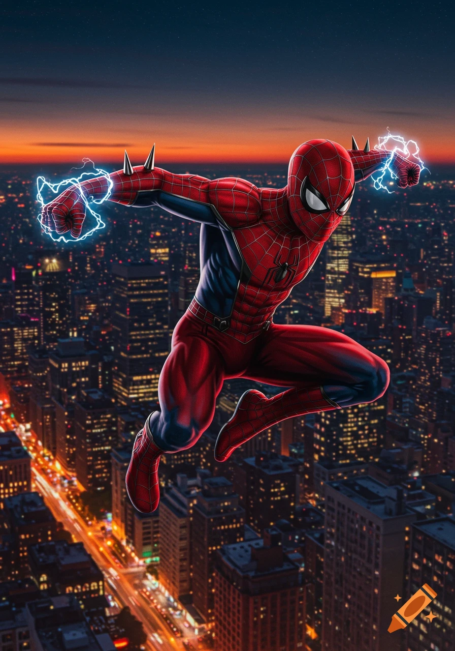 A vibrant, comic-book style image of a red and blue superhero with shoulder spikes and electricity from his fists, leaping over a lit city at dusk.