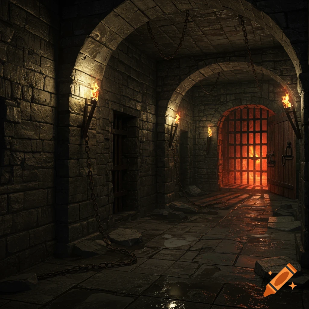 A dark, atmospheric stone dungeon hallway with torches, chains, and a glowing, barred gate at the far end.