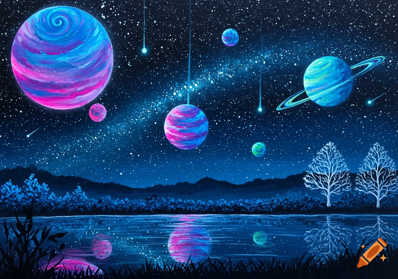 Vibrant, painted night sky with pink and blue planets, a starry galaxy, and shooting stars reflected in a calm lake with illuminated trees.