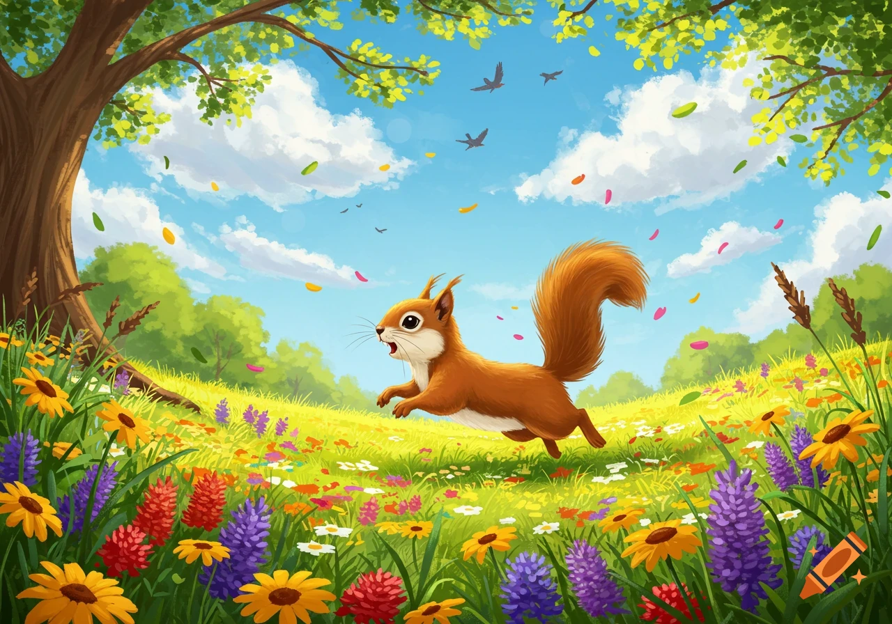 A cute squirrel jumps through a vibrant meadow of colorful flowers under a blue sky with clouds and birds, illustration style.